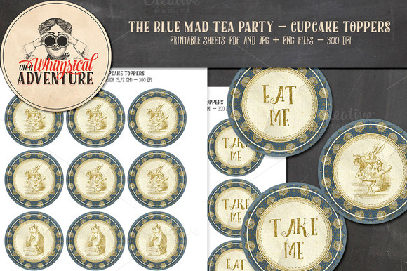 Mad Tea Party Cupcake Toppers Blue Mad Tea Party Cupcake Toppers Blue