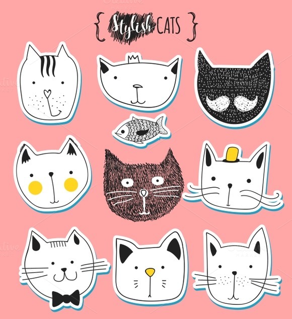 Set Of Cute Doodle Cats Stickers Set Of Cute Doodle Cats Stickers