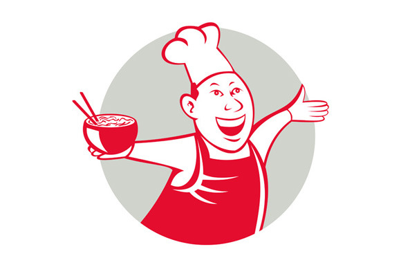Asian Chef Serving Noodle Bowl Asian Chef Serving Noodle Bowl