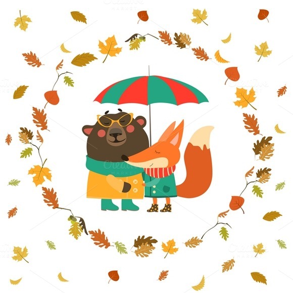Fox And Bear Hugging Under Umbrella Fox And Bear Hugging Under Umbrella