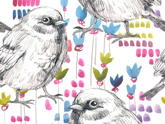 Watercolor Seamless Sparrow Flower Watercolor Seamless Sparrow Flower