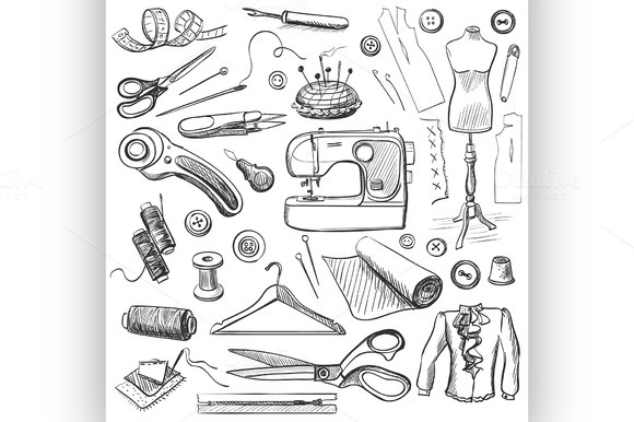 Hand Drawn Sewing Icons Set Hand Drawn Sewing Icons Set
