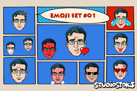 Set Retro Emoji 11 Emotions Men Set Retro Emoji 11 Emotions Men