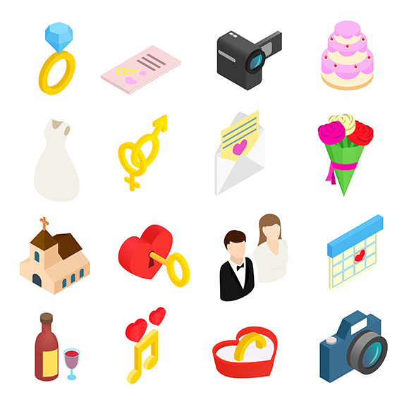 Wedding Isometric 3D Icons Set Wedding Isometric 3D Icons Set