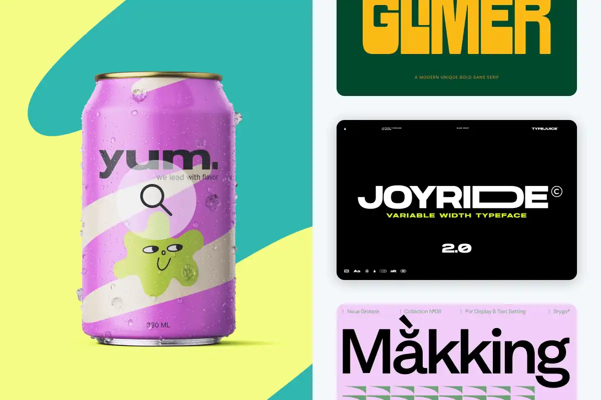 Image of a font on a soda can and thumbnails for 3 similar fonts suggested by Font Finder.