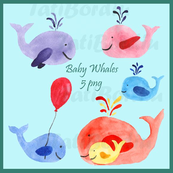 Watercolor Baby Whales Clip Art