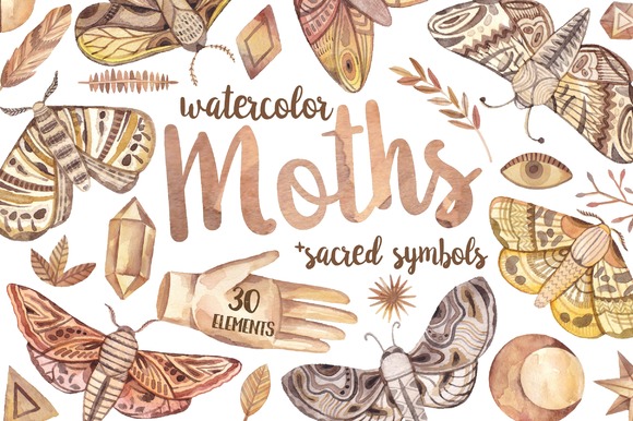 Watercolor Moths And Sacred Symbols Watercolor Moths And Sacred Symbols