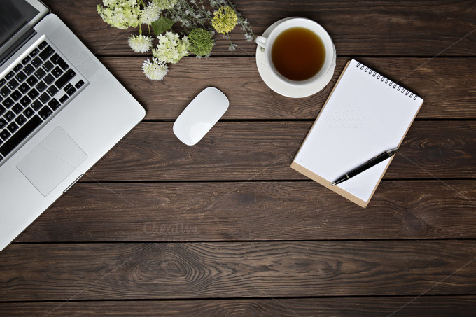 wooden desk, flat lay ~ Business Photos on Creative Market