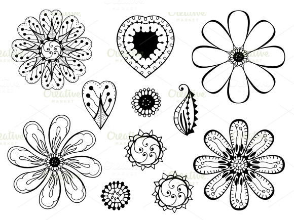 Monochrome Doodle Flowers And Leafs