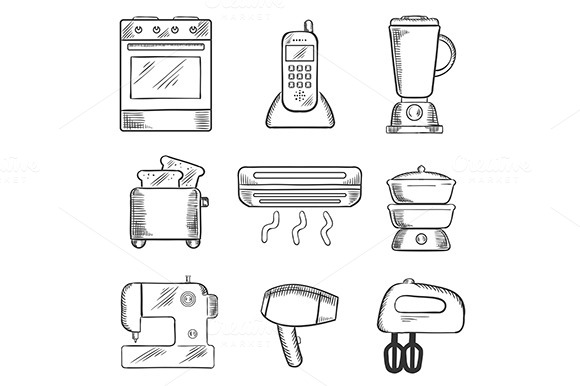 Home Appliance Sketched Icons Set Home Appliance Sketched Icons Set