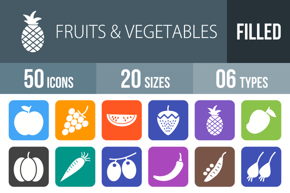 50 Fruits Vegetables Filled Icons