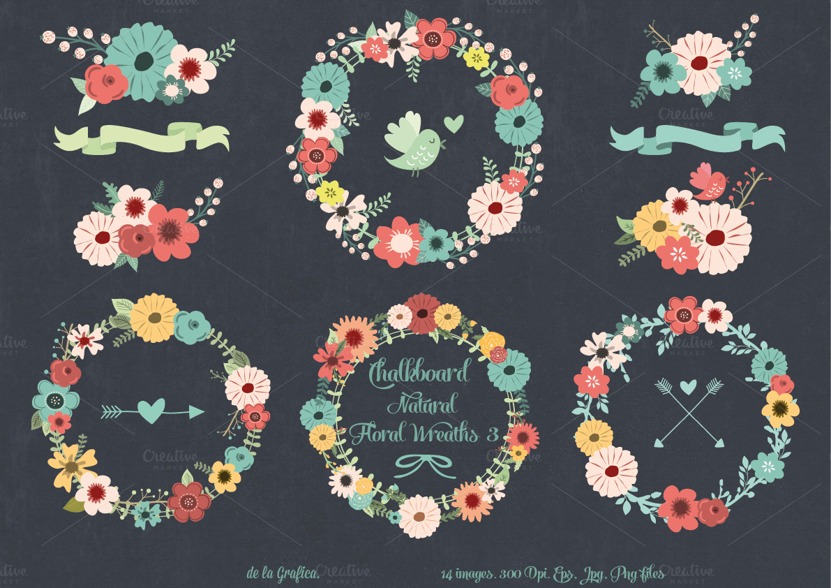 Chalkboard Natural Floral Wreaths 3 Illustrations on Creative Market