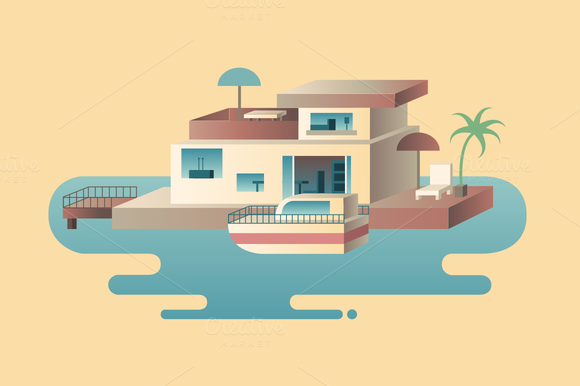 House On Water With Yacht