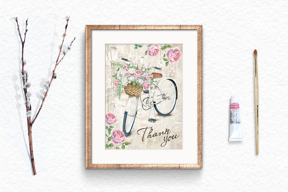 Watercolor Bicycle and Flowers