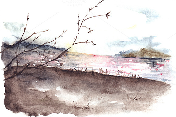 Watercolor River Lake Landscape