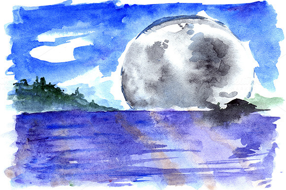 Watercolor Fantasy Moon Landscape