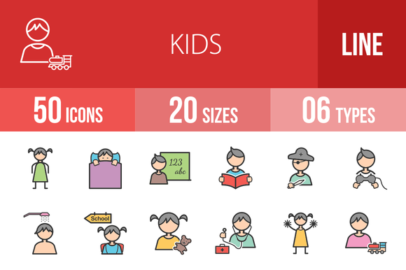 50 Kids Line Filled Icons