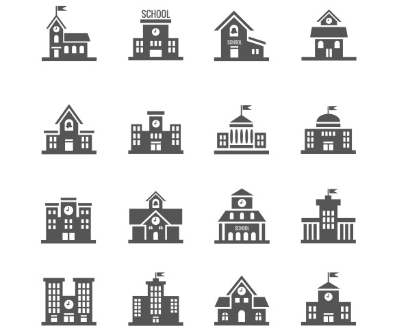 School Building Vector Icons Set