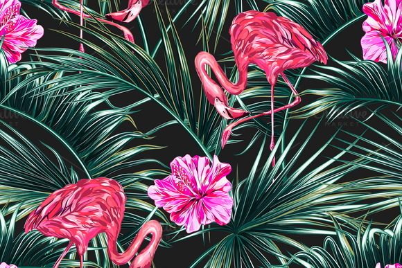 Pink Flamingos Palm Leaves Pattern