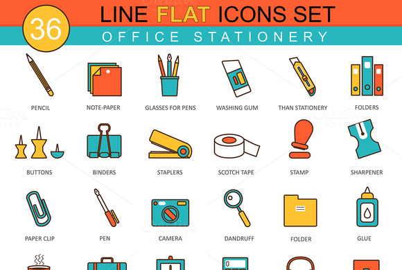 36 Office Stationery Flat Line Icons
