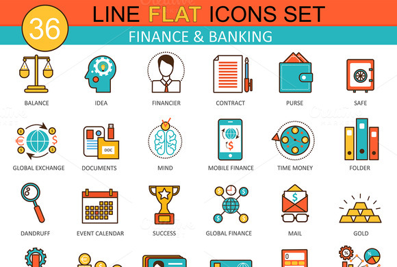 Finance Banking Flat Line Icons