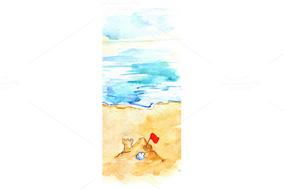 Watercolor Ocean Beach Sand Castle