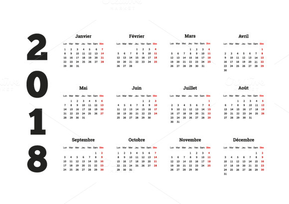 2018 Year Simple Calendar On French