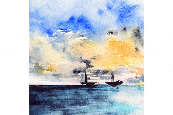 Watercolor Sea Ship Sunset Landscape