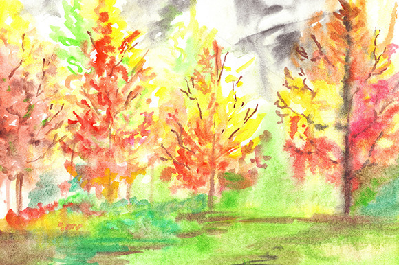 Watercolor Autumn Forest Landscape