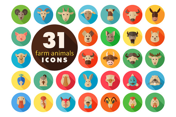 Farm Animals Flat Icons Set