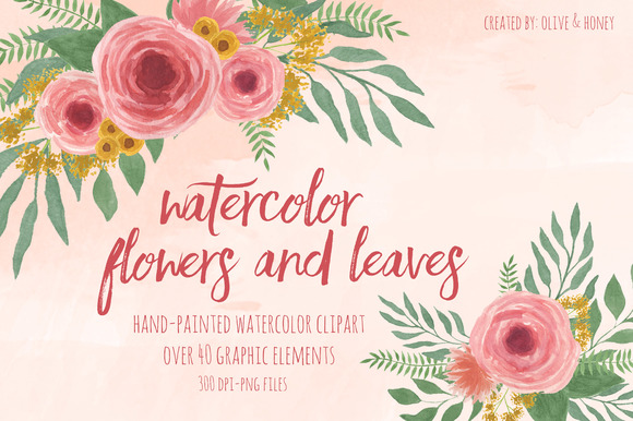 Watercolor Flowers Leaves