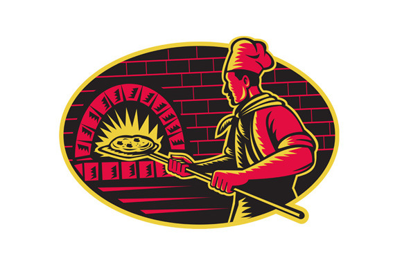 Baker Baking Pizza Wood Oven Woodcut Baker Baking Pizza Wood Oven Woodcut