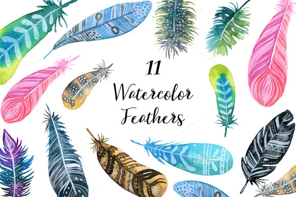 Watercolor Feathers Clipart Set