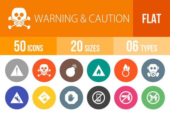 50 Warning Flat Round Icons