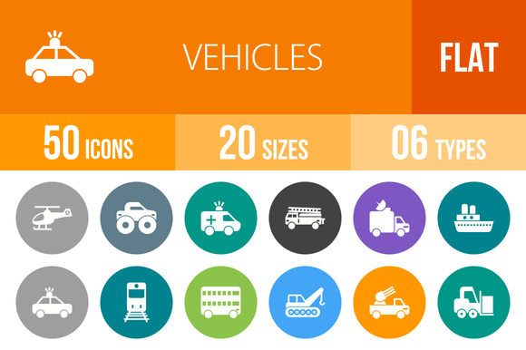 50 Vehicles Flat Round Icons