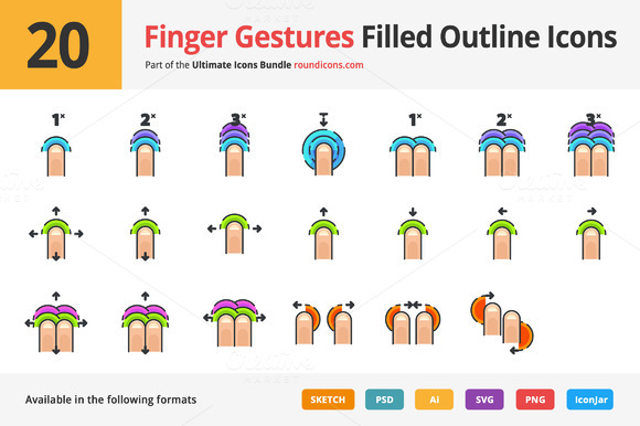 20 Finger Gestures Filled Line Icons