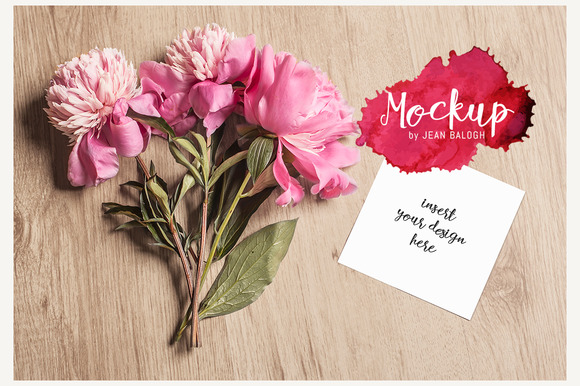 Square Card Mockup With Peonies