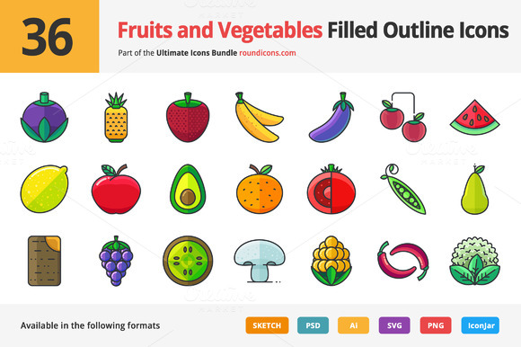 36 Fruit And Vegetable Filled Icons