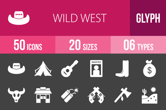 50 Wild West Glyph Inverted Icons