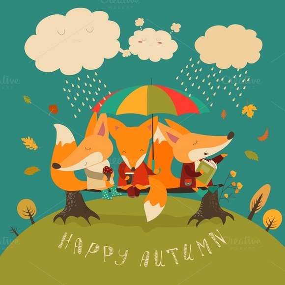 Foxes Sitting Under Umbrella On Log