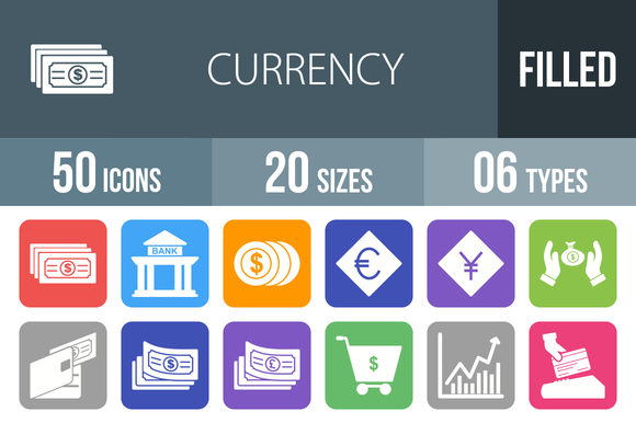 50 Currency Flat Round Corner Icons