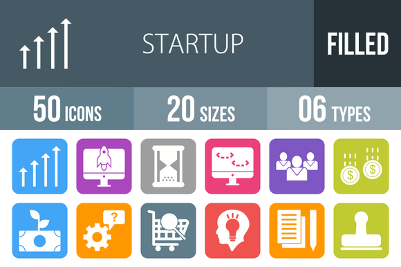 50 Startup Flat Round Corner Icons