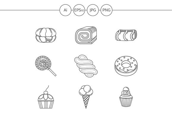Candies And Cakes Line Icons Set 2