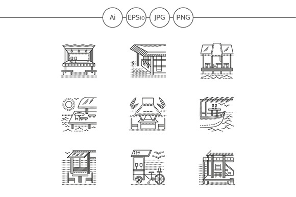 Cafe And Bungalows Line Icons Set 2