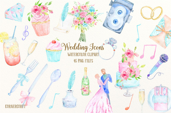 Watercolor Clipart Wedding Icons