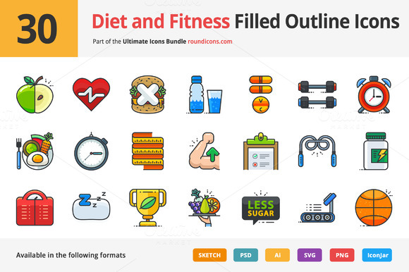 30 Diet And Fitness Outline Icons