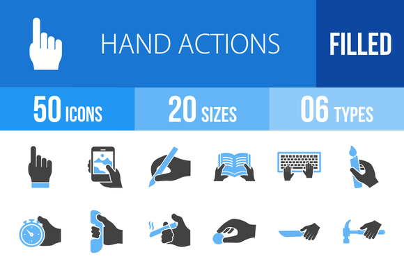 50 Hand Actions Blue Black Icons