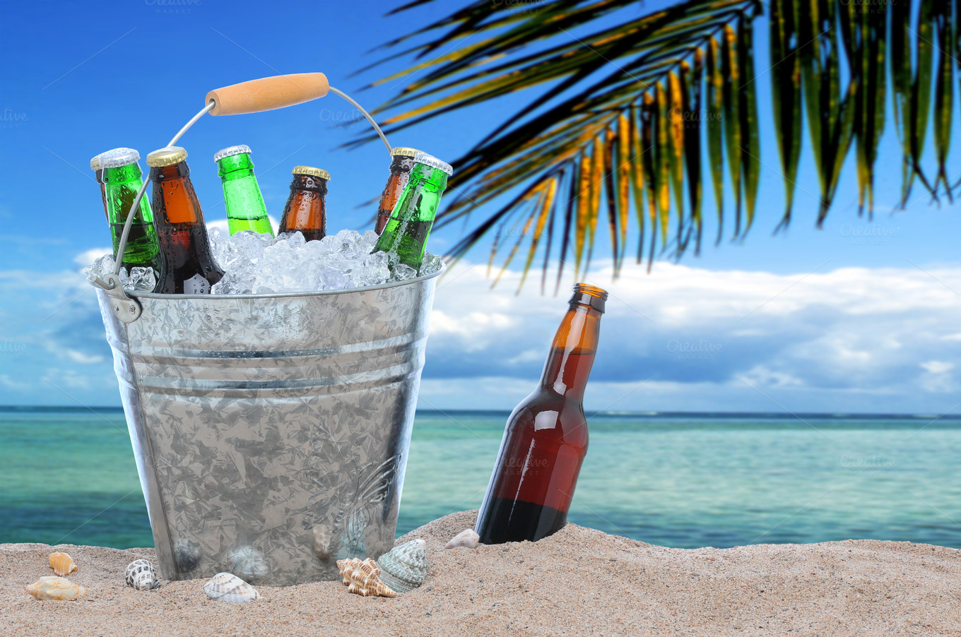 Beer Bottles in a Bucket at Beach ~ Food & Drink Photos on Creative Market