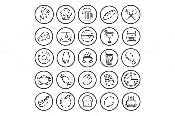 Food And Drinks 25 Icons Vector