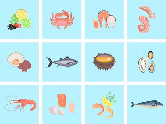 Seafood Set Design Flat Fish Seafood Set Design Flat Fish